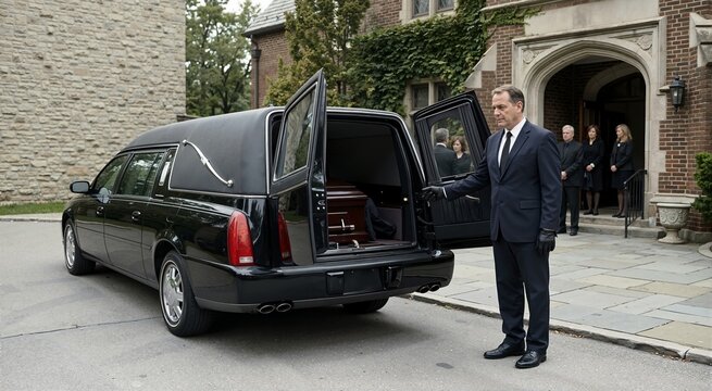 Funeral director holding open the door of a black hearse. Dark wood casket inside a vehicle with mourners standing by a brick church