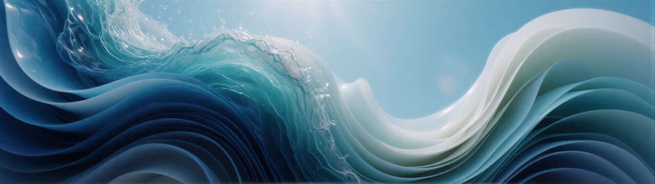 Layered abstract waves in ocean blues turquoise and seafoam with sculptural curves and airy sky background
