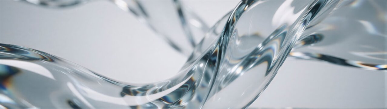 Elegant transparent glass ribbons twisting through a bright minimal space with aqua cyan refractions