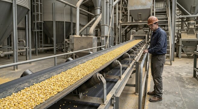 Worker inspecting yellow corn kernels moving on a conveyor belt inside a feed mill. Agricultural grain processing and industrial food production