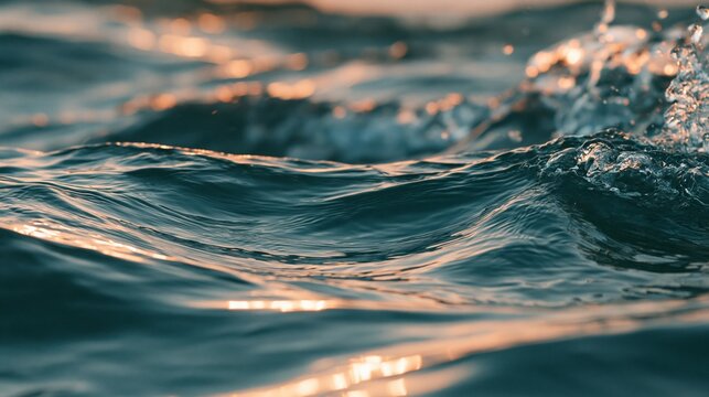 Close Up of Ocean Wave Rippling at Sunset with Golden Light Reflections