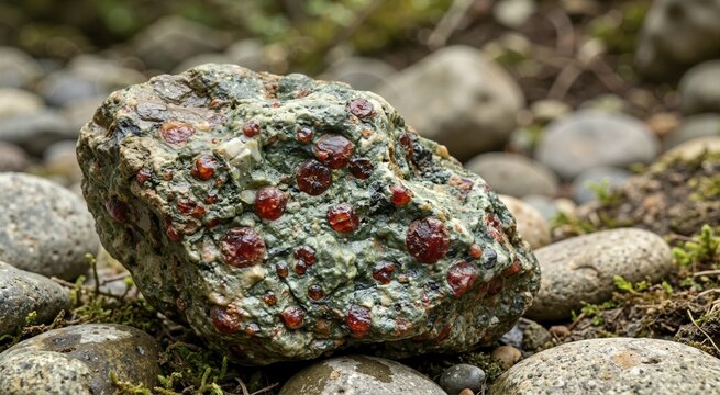 Close-up of a rough eclogite rock with red garnet crystals in a green omphacite matrix. Rare geological mineral specimen resting on river stones