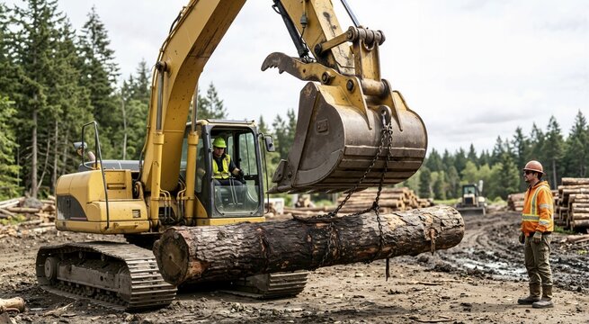 Yellow excavator lifting a massive tree log with chains at a forestry site. Logging industry workers handling heavy timber