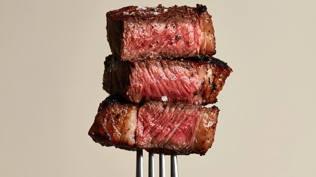 Stacked Grilled Steak Slices Showing Juicy Medium Rare Center on a Fork