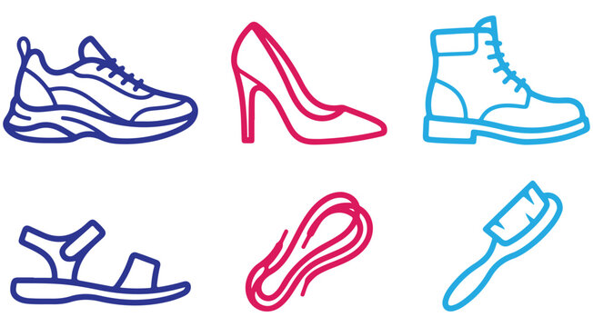 Footwear and shoe care vector icon set featuring sneaker high heel boot sandal shoelaces and brush for fashion and retail design