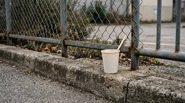 Discarded coffee cup with stirrer on curb next to chain-link fence
