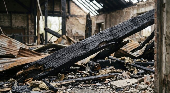 Charred wooden roof beam among rubble in a destroyed building. Close up of burnt wood texture after a severe fire disaster