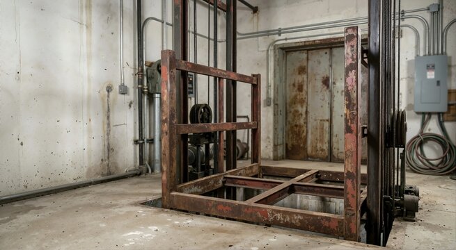 Rusted metal frame of an old elevator car in a concrete basement. Abandoned industrial lift shaft with cables and pulleys. Urban exploration and decay concept