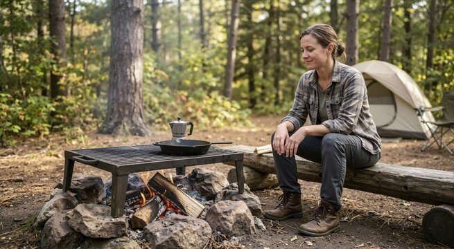 Woman relaxing by campfire with cooking grate in forest campground. Cast iron skillet and coffee pot heating over fire ring