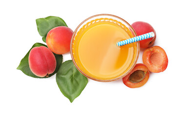 Apricot juice in glass, fresh fruits and leaves isolated on white, top view © New Africa