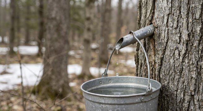 Close up of clear maple sap dripping from a metal spout into a galvanized bucket. Traditional tapping of a maple tree trunk for syrup production in a snowy spring forest