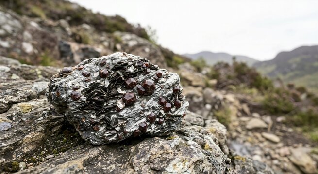 Close-up of garnet mica schist specimen on rocky terrain. Metamorphic rock with dark red garnet crystals embedded in foliated mica