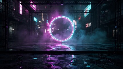 Fototapeta premium Glowing neon circle portal in a dark cyberpunk alleyway with mist and reflections futuristic portal glow light