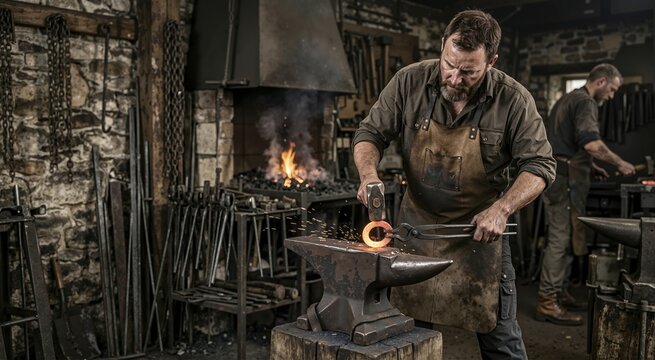 Blacksmith forging a glowing red hot metal ring on an anvil. Craftsman in a leather apron striking iron with a hammer in a traditional workshop
