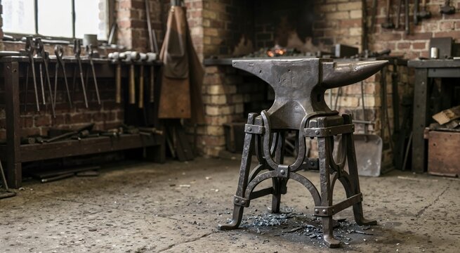Metal anvil on a decorative wrought iron stand in a rustic blacksmith workshop. Traditional metalworking tools and forge