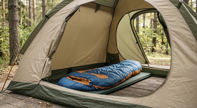 Open empty camping tent with a blue and orange sleeping bag inside. Green tent pitched on a wooden platform in a forest. Outdoor wilderness adventure and hiking gear