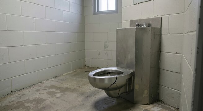 Cracked stainless steel toilet and sink unit in an empty holding cell. Stark prison or jail room with white cinderblock walls and concrete floor