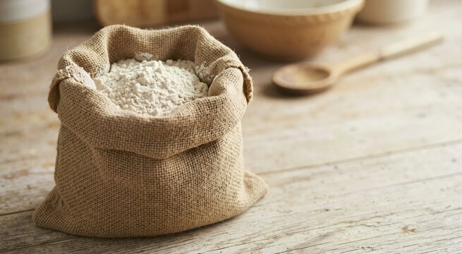 Open burlap sack filled with white flour on a rustic wooden table. Traditional baking ingredients in a cozy kitchen. Copy space