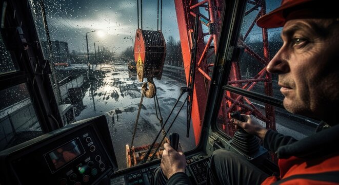 Rainy Day Construction Crane Operator Focused on Job