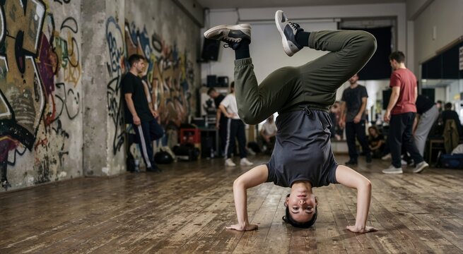 Female breakdancer performing a headstand freeze on a wooden floor. Young woman practicing hip hop dance moves in an urban studio with graffiti walls