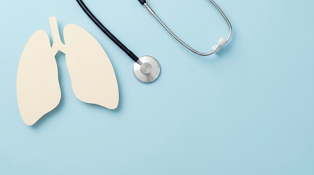 A lungs paper decorative model with a medical stethoscope on a light blue background representing World Tuberculosis Day pneumonia and respiratory diseases concept with top view flat lay and copy