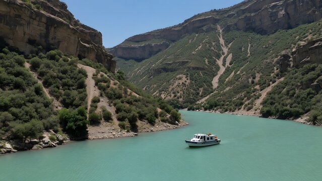 a boat floating on turquoise water between lush canyon cliffs under a clear blue sky, the vessel positioned within a visible watershed system where runoff channels and vegetated slopes connect the cli