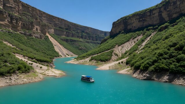 a boat floating on turquoise water between lush canyon cliffs under a clear blue sky, the vessel positioned within a visible watershed system where runoff channels and vegetated slopes connect the cli