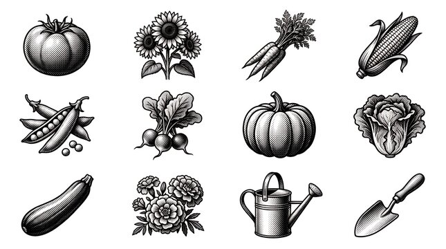 Black and white woodcut garden icons for nursery catalogs and agricultural publications.