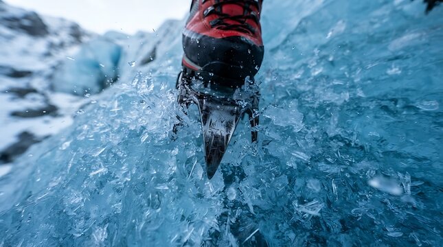 Mountaineer using crampons to climb a blue glacier in a snowy mountain environment during an alpine expedition