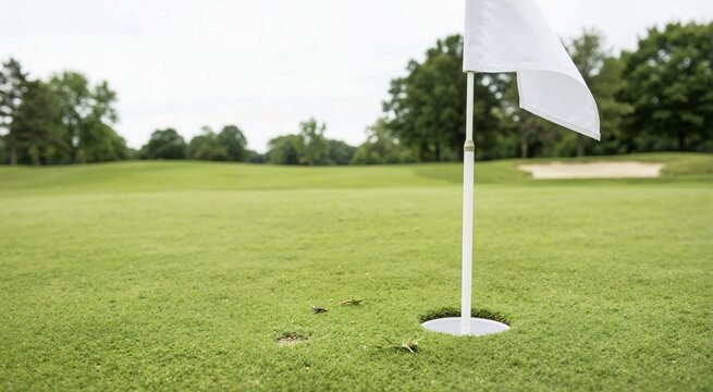 Close up of a golf hole and white flagstick on a putting green. Manicured grass on a golf course with sand trap in background. Outdoor sports and recreation concept