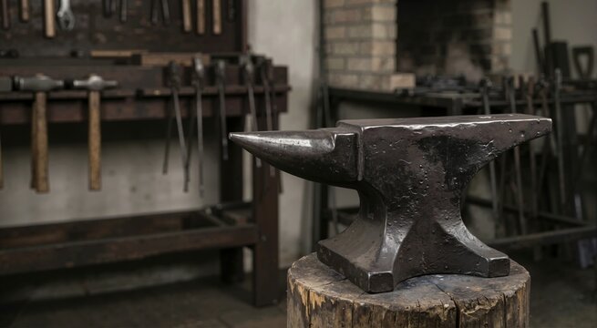 Heavy wrought iron anvil on a wooden stump in a blacksmith workshop. Traditional metalworking craft equipment