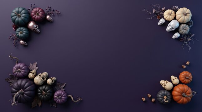 A dark moody halloween holiday background featuring decorative pumpkins and skulls arranged in the four corners of frame