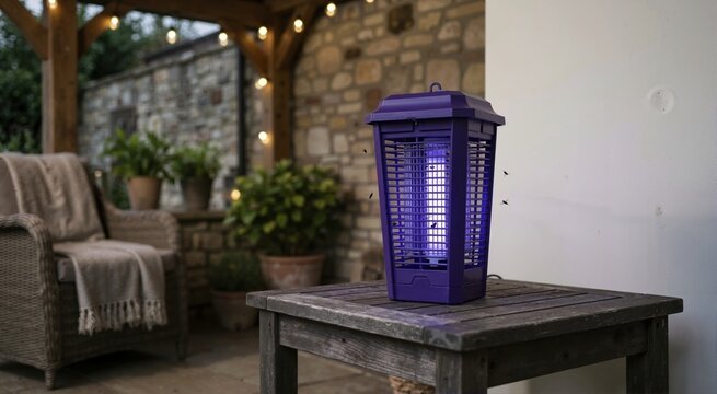 Purple ultraviolet insect zapper lantern on a wooden table in an outdoor patio. Electric bug trap attracting flying insects at dusk. Summer backyard pest control device
