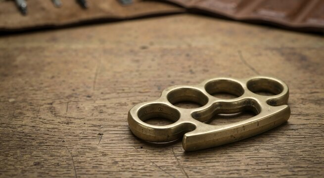 Solid brass knuckle duster resting on a scratched wooden table. Close up of a metal finger grip weapon on a rustic surface