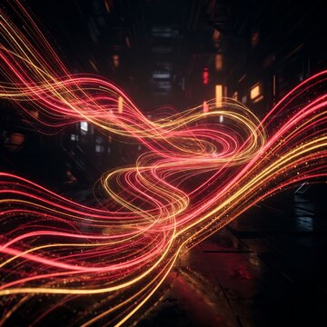 Futuristic red and yellow fiber optic data streams flowing across an urban background with background