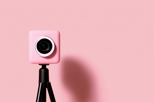 A small pink camera on a tripod against a pastel pink background