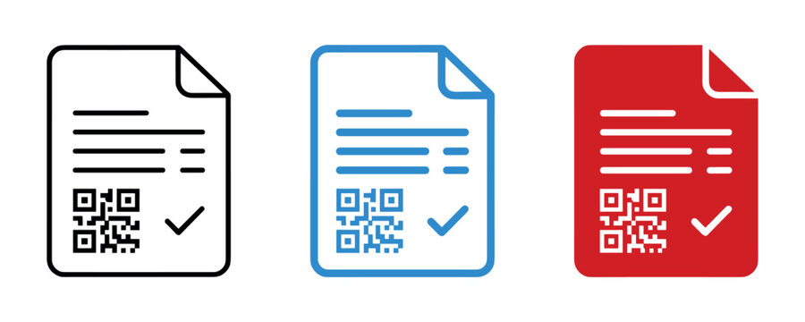 Document vector icons set with QR codes and checkmarks in black, blue, and red colors on a white background
