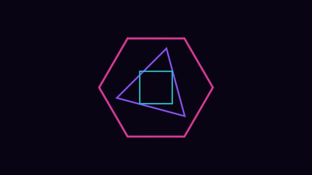 Neon geometric shape animation rotating triangle and square in hexagon frame for modern motion 4k background