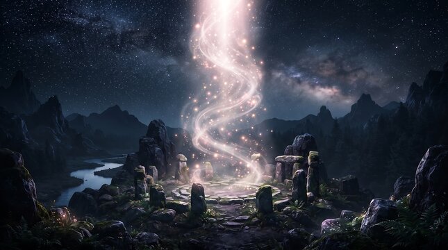 Magical light pillar descending upon an ancient fantasy valley at night with fantasy landscape ancient ruins night sky