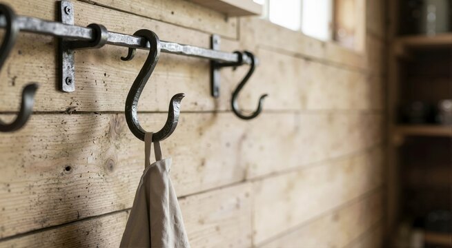 Hand forged black metal hook rack on a rustic wooden wall. Hanging beige cloth on a hammered iron hanger in a farmhouse interior