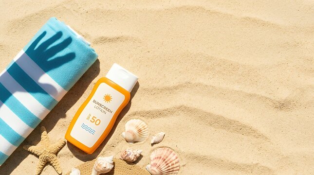 Sunscreen Bottle with Beach Essentials on Sand: Summer Vacation Mockup with Towel Starfish Seashells and Hand Shadow summer sunscreen bottle near towel starfishes and seashells on sand top view hand