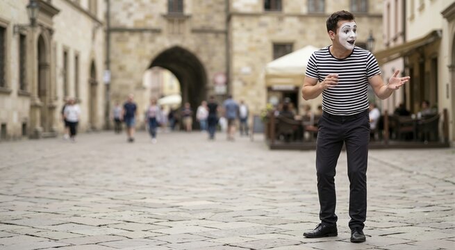 Male mime artist with face paint performing on cobblestone street. Man in classic striped shirt costume gesturing in historic town square