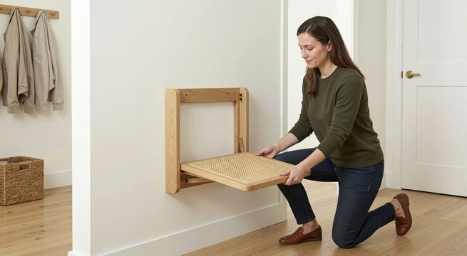 Woman folding down a wall mounted wooden cane seat in a bright hallway. Space saving home furniture and interior design concept