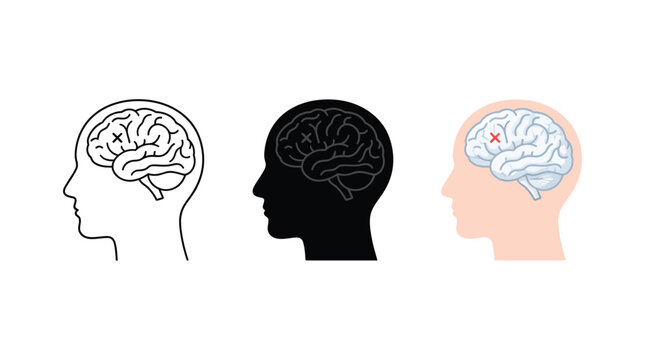 Human head profiles with brain illustrations in varying styles silhouette