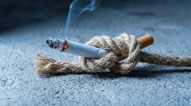 Smoking cigarette tied tightly in a jute rope knot on a textured surface representing addiction trap with cigarette