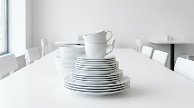 A Neat Pile of White Ceramic Cups and Plates Stacked on a Table Ready for Use in a Restaurant Setting white ceramic cup plate pile stack table restaurant dishware tableware crockery ceramic pile cup