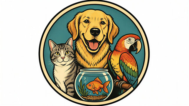 Cartoon retro comic style illustration of a pet store logo with cat, dog, fish and parrot