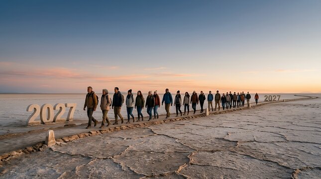A Symbolic New Year Concept Image of People Walking from 2027 to 2027 Representing the Transition and Continuity of Time new year concept walking 2027 transition continuity time people walking new