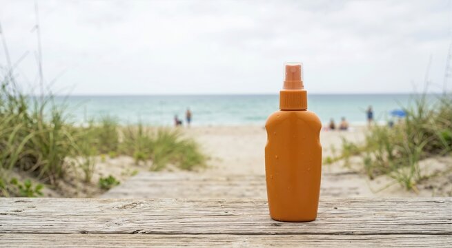 Orange spray bottle of insect repellent or sunscreen on a wooden boardwalk at the beach. Skin protection for summer vacation