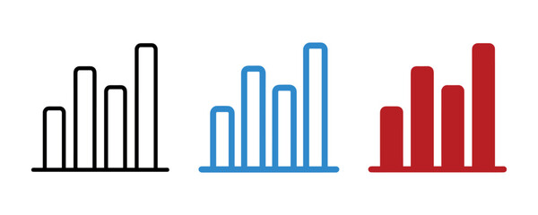 Obraz premium Minimalist bar chart icons in black, blue, and red colors on a clean white background for data visualization